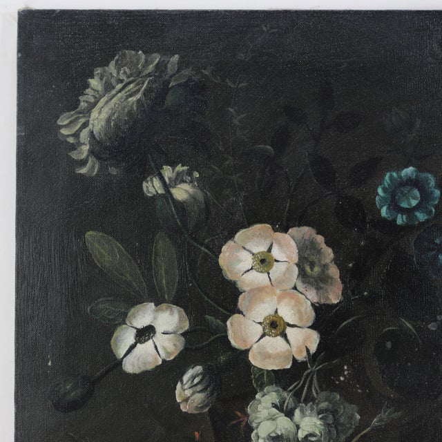 This dramatic vintage oil painting on canvas features a floral still life arrangement dominated by dark, somber tones,...