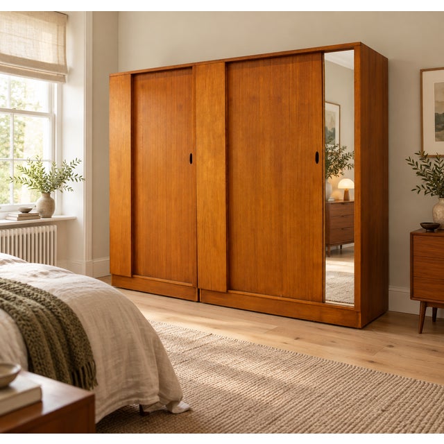 A freestanding double door teak wardrobe from Austinsuite Made during the 1960s Fitted out with clothes rail The style of...