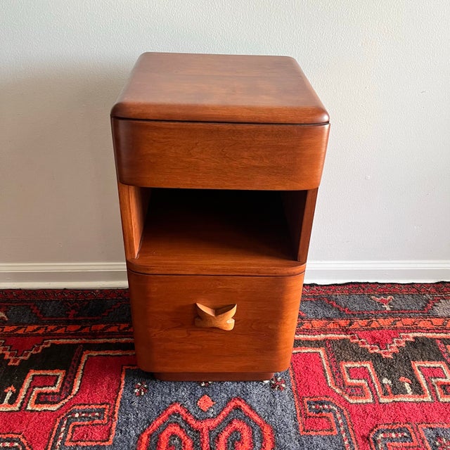 Heywood Wakefield 1940s Nighstand. Newly refinished. From the Rio Collection Upper drawer over an open shelf and drop...