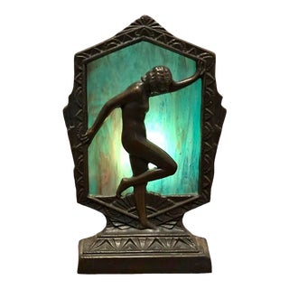 Art Deco Frankart Style Lamp Vintage Bronze Tone Night Light Female Silhouette Green Glass For Sale