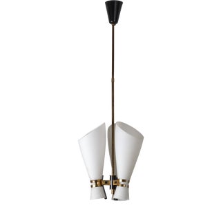 Italian Brass, Black Metal and Opaline Glass 3-Light Pendant, 1950s For Sale