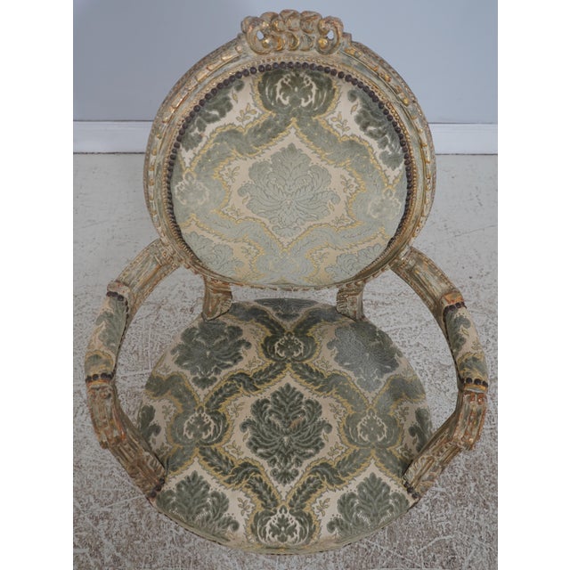 Age: C.1930s Details: Distressed Painted Finish Large Impressive Chairs Tack Head Trim Older Vintage Upholstery Condition:...
