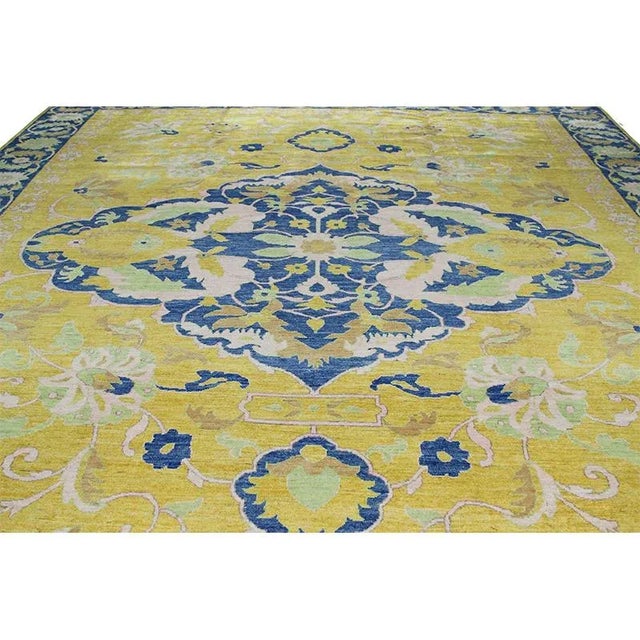 2010s Handwoven Yellow/Blue Traditional Indian Agra Area Rug 12'4" X 15'4" For Sale - Image 5 of 10