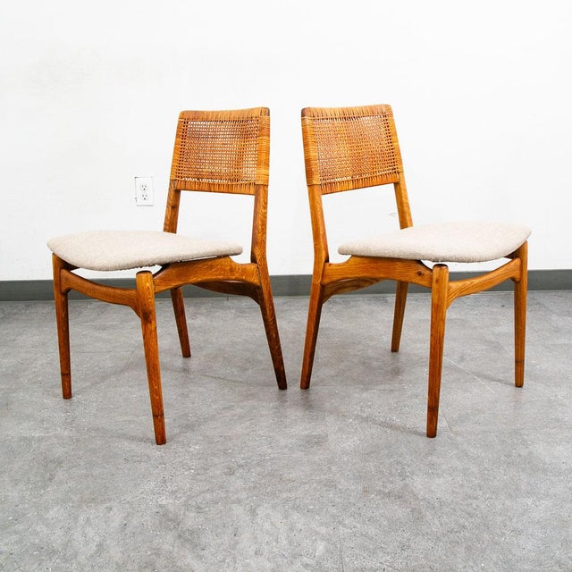 Mid Century Modern Dining Chairs Set 4 E. Knudsen White Oak Brown Cane Restored For Sale - Image 4 of 12