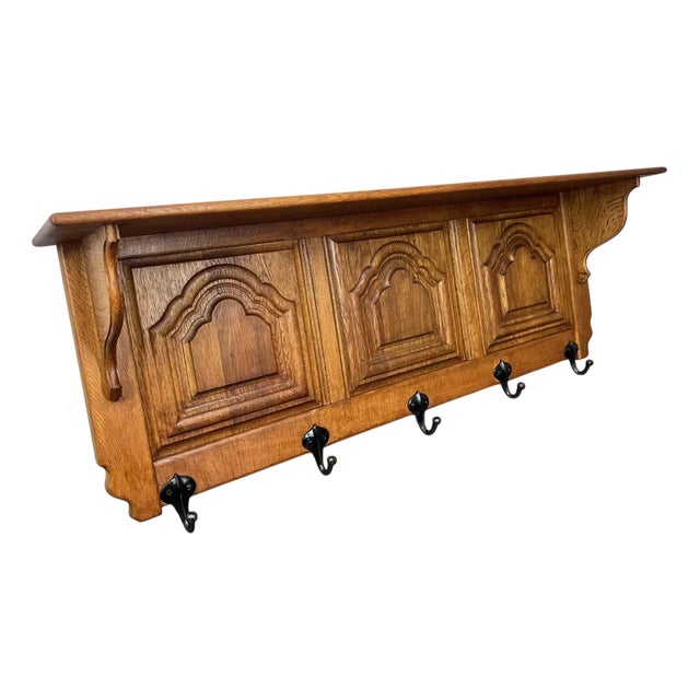French Vintage Carved Oak Coat Rack with 5 Metal Hooks For Sale