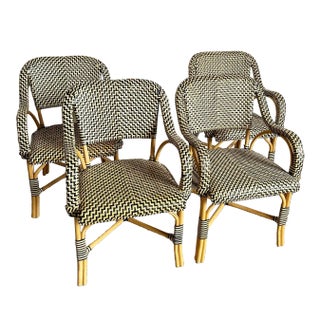 Boho Chic Bent Wood and Woven Leather Dining Arm Chairs - Set of 4 For Sale
