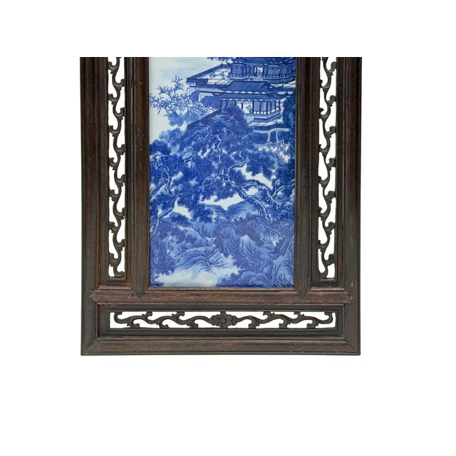Asian Oriental Blue White Tree Mountain Scenery Porcelain Framed Wall Panel Art For Sale - Image 3 of 11