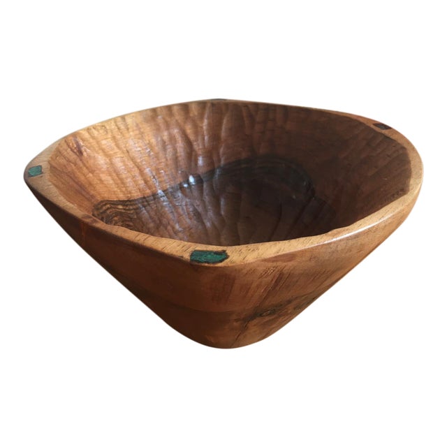 Moroccan Hand-Carved Walnut & Gemstone Salad Bowl For Sale
