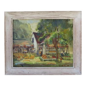 Vintage Original Dorothy Frantz Framed Oil on Canvas of Country Farmstand - Signed