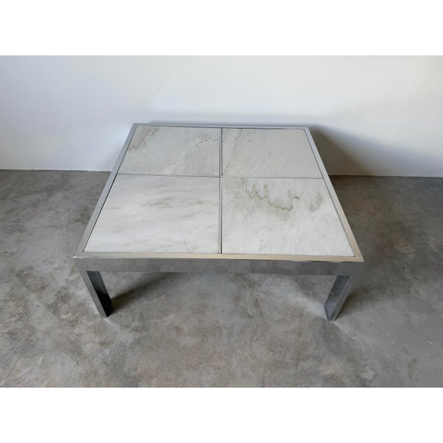 Mid-Century Modern 1970s Leon Rosen for Pace Collection Portuguese Marble & Polished Stainless Steel Coffee Table For Sale - Image 3 of 13