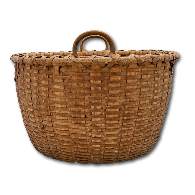 Outstanding Large Size Antique American Hand Woven Ash Wood Splint Maine Apple Farm Harvest Basket For Sale - Image 15 of 18