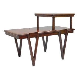Mid Century Modern V-Leg t.h. Robsjohn Gibbings Style Mahogany Step Side Table For Sale