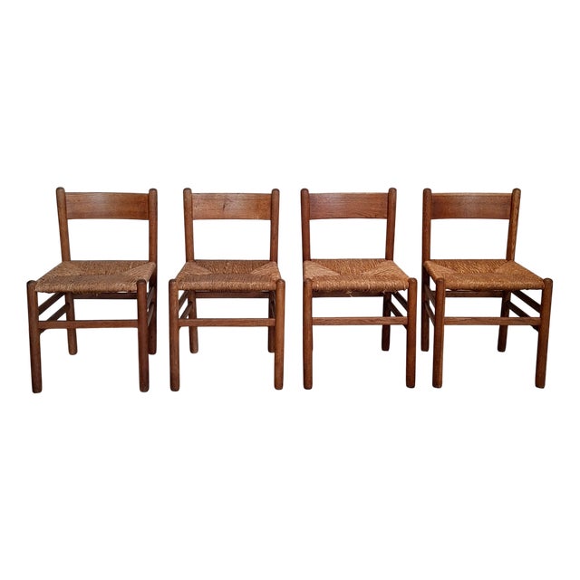 Vintage Wood and Rush Dining Chairs by J.W. Van Heuvel for AD Vorm, 1960s, Set of 4 For Sale