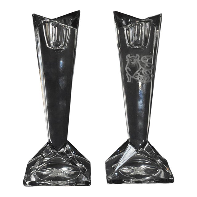 Rosenthal Crystal Madison Candlesticks Vintage Merrill Lynch Etched Bull Pair For Sale