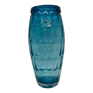 Blown Art Glass Vase Teal Blue With Pattern in Glass 11” For Sale