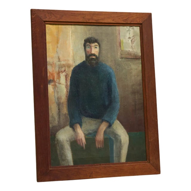 Belgian Artist, Portrait of a Sitting Man, 1964, Oil and Tempera Paint on Canvas For Sale