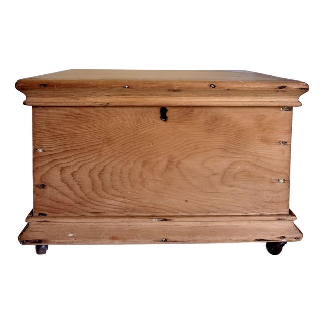 Antique Small Pine Storage Chest on Original Casters For Sale