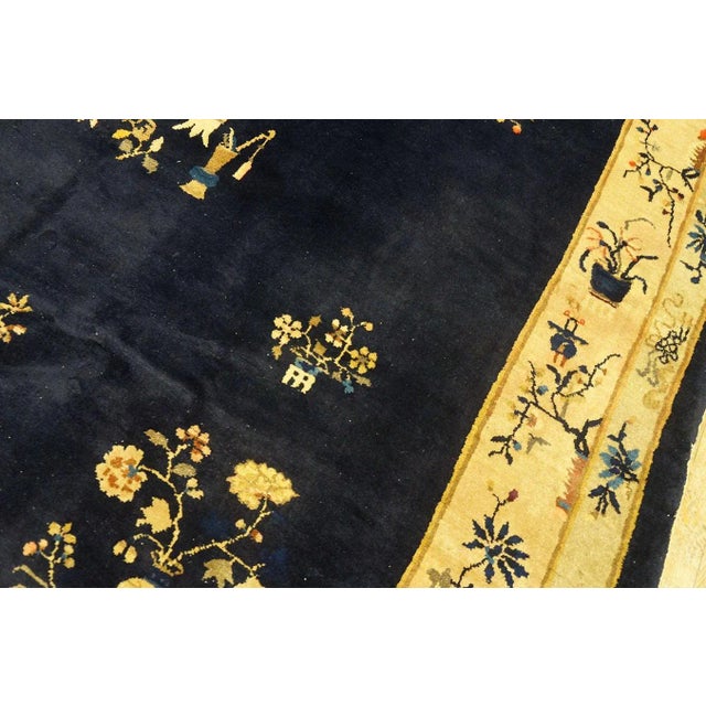 Exceptional Navy Blue Background and Light-Yellow Border With Floral Design Antique Chinese Rug For Sale In New York - Image 6 of 9