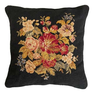 Vintage Black Floral Needlepoint Accent Pillow For Sale