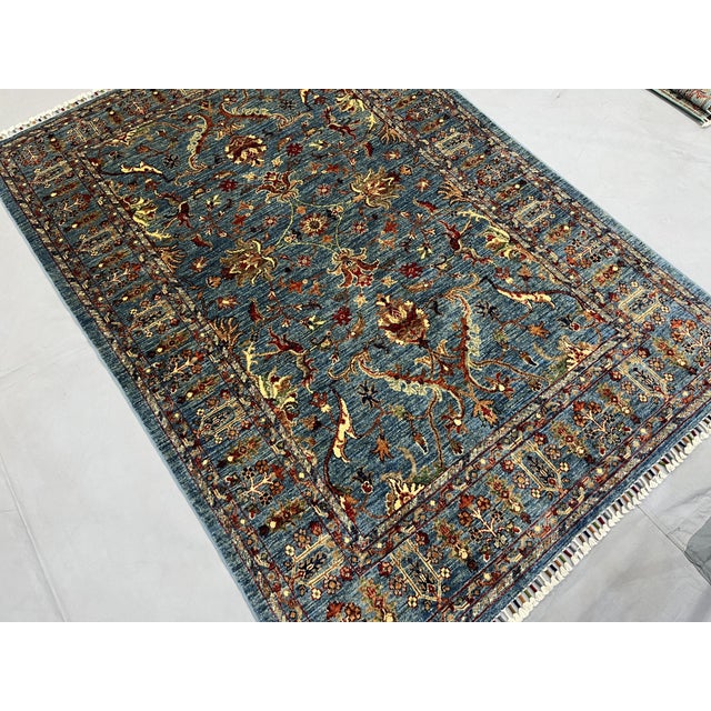 Art Deco Blue Sultani Chobi Hand-Knotted Natural Dye Wool Rug - 4'11" X 6'10" For Sale - Image 3 of 11