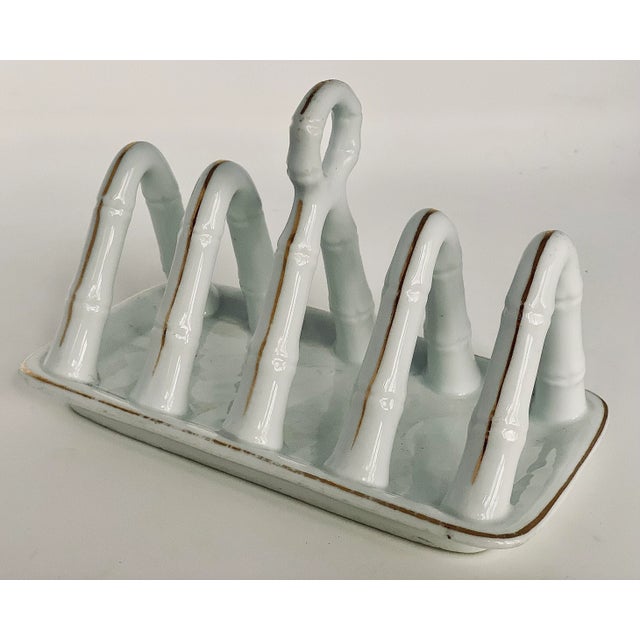 Antique Ceramic Faux Bamboo 4 Slot Toast Rack/Letter or Napkin Holder With Gold Accents For Sale - Image 9 of 11
