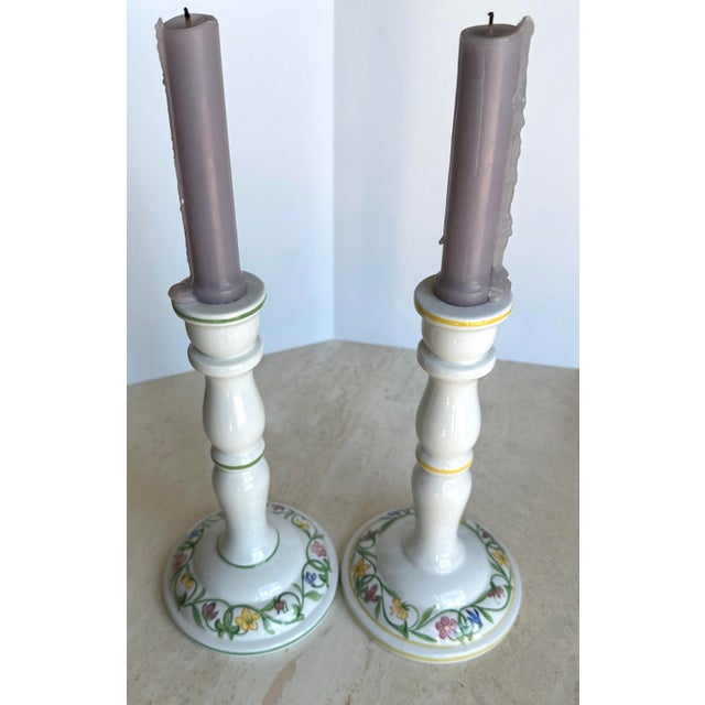 Mid-Century Modern Italian Hand-Painted Ceramic Floral Candlestick Holders - Pair For Sale - Image 3 of 9
