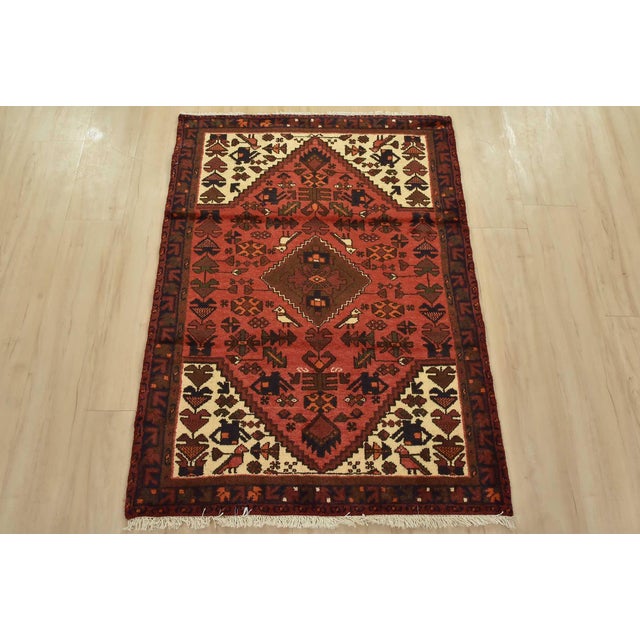 Tribal Hamedan Rug 3’2” X 4’4” Red Wool Vintage Tribal Hand-Knotted Oiental Carpet For Sale - Image 3 of 12