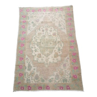 1950s Vintage Pink Floral Turkish Hand Knotted Area Rug For Sale