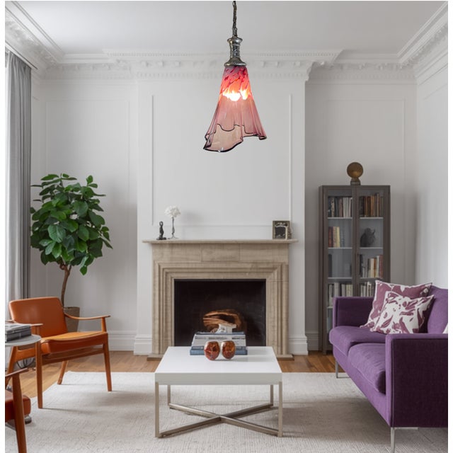 Large Fazzoletto Art Glass Raspberry Pink White Oval Pattern Pendant Light Signed For Sale In New York - Image 6 of 18
