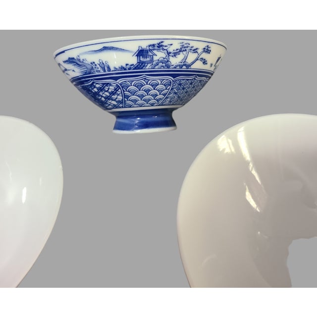 Japanese Vintage Asian Japanese Blue & White Painted Rice Serving Dipping Bowls- Set of 3 For Sale - Image 3 of 8