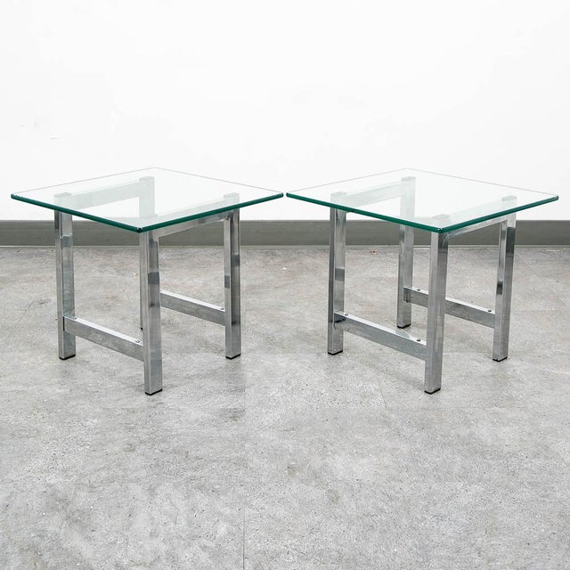 Metal Mid Century Modern End Tables Chrome Glass Square Side Tables Vintage Pair MCM For Sale - Image 7 of 11