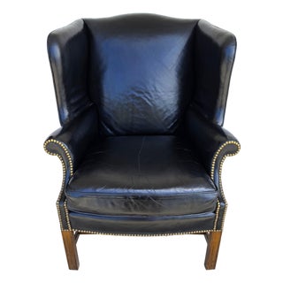 Classic Georgian Chippendale Black Leather Wingback Library Gentlemans Armchair For Sale