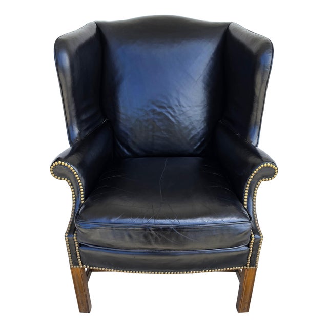 Classic Georgian Chippendale Black Leather Wingback Library Gentlemans Armchair For Sale