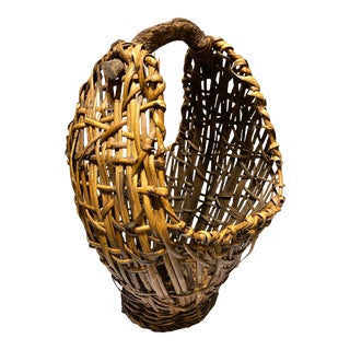 Tall Vintage Wood Handle Natural Wicker Reed Handmade Basket For Sale