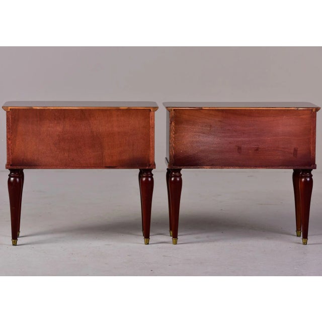 Sienna Mid Century Italian Tiger Wood Bedside Chests With Brass Tipped Legs and Hardware - Pair For Sale - Image 8 of 13
