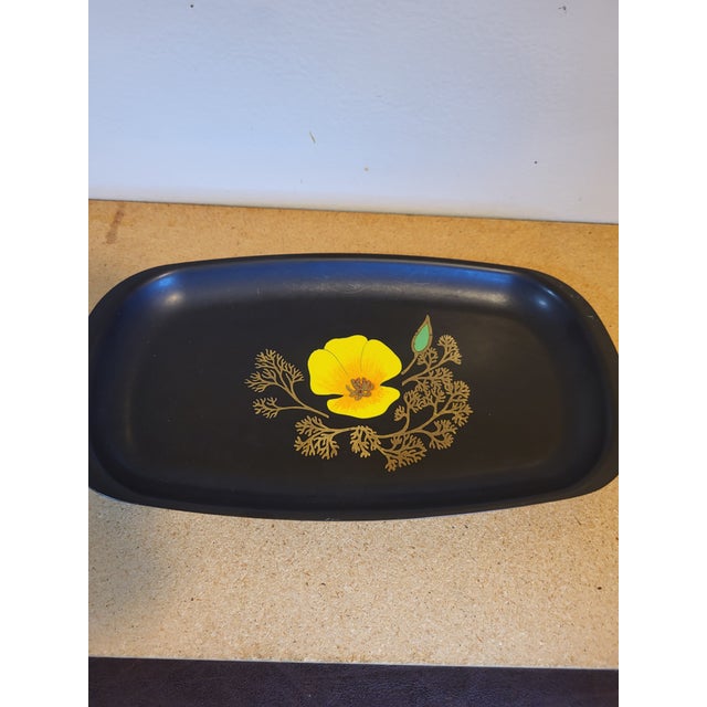 Mid-Century Modern VTG MCM Couroc Ca Poppy Flower Rect Tray Inlaid 12.5”x9.5” Orange Yellow Gold For Sale - Image 3 of 11