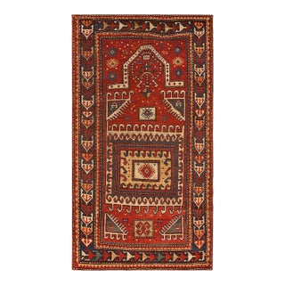 1870s Red Geometric Tribal Antique Caucasian Kazak Prayer Rug 3' X 4'9" Handknotted Wool Carpet For Sale