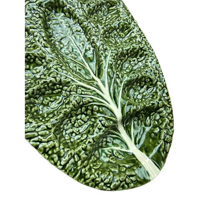 Mid-Century Modern Mid 20th Century Olfaire Portugal Majolica Oval Platter Cabbage Leaf Deviled Egg/Oyster Plate Uncommon Mold 7090 For Sale - Image 3 of 10