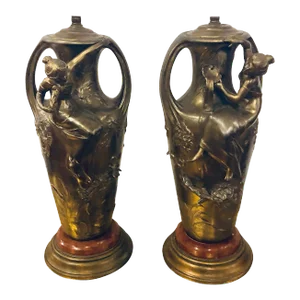 Pair of Art Nouveau Figural Urns Mounted as Lamps