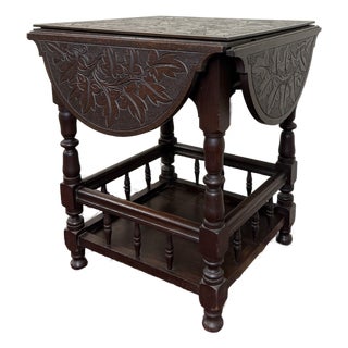 Antique English Cloverleaf Side Table Carved Top Lower Gallery Oak C. 1900 For Sale