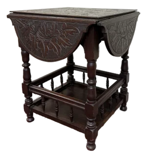 Antique English Cloverleaf Side Table Carved Top Lower Gallery Oak C. 1900