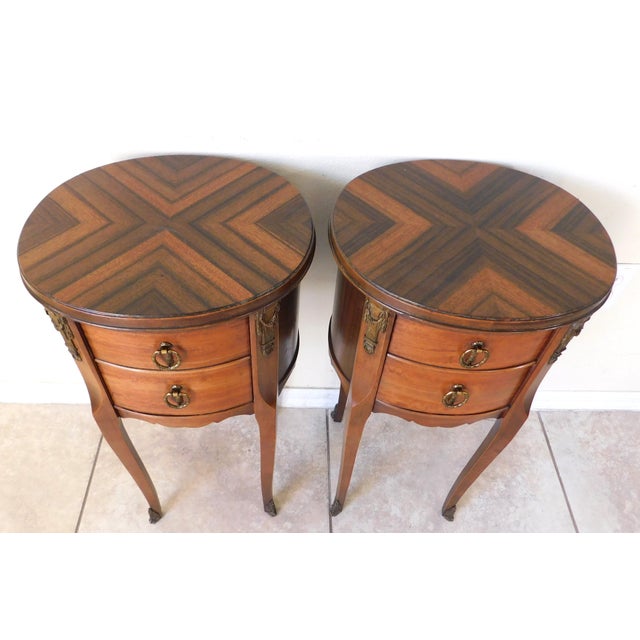 1940s Pair Vintage C1940s French Oval Brass & Wood Side/End Bedside Tables For Sale - Image 5 of 16