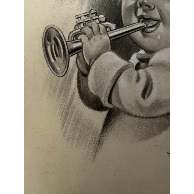 American 1940s Original Signed Graphite Illustration of Child Playing Trumpet, 10 × 7.75 In. For Sale - Image 3 of 7