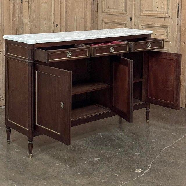 French Louis XVI Carrara Marble Top Mahogany Buffet in the Maison Jansen Style, Mid-Century For Sale - Image 10 of 18