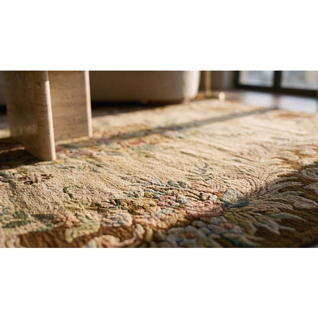 Camel 1930s Tan Camel Floral Folk Art Antique American Hooked Rug 6' X 9' Knotted Wool Carpet For Sale - Image 8 of 9