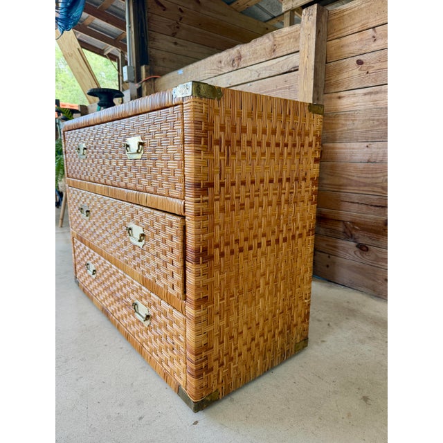 Wood Late 20th Century Refinished Rattan Wrapped Campaign Chest Manner of Bielecky Brothers For Sale - Image 7 of 12