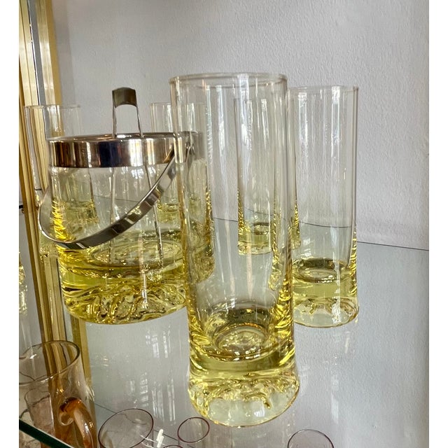 Highball Glasses and Ice Bucket Cocktail Set in Mouth-Blown, Yellow Crystal Glass, 1970s, Set of 7, in Flawless...