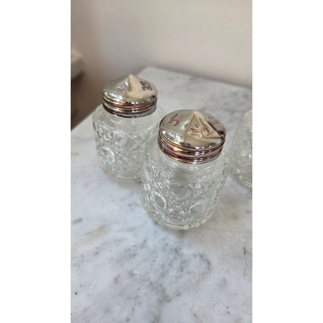 Metal Vintage Patterned Glass and Silver-Plated Condiment Set With Lucite Spoon For Sale - Image 7 of 17