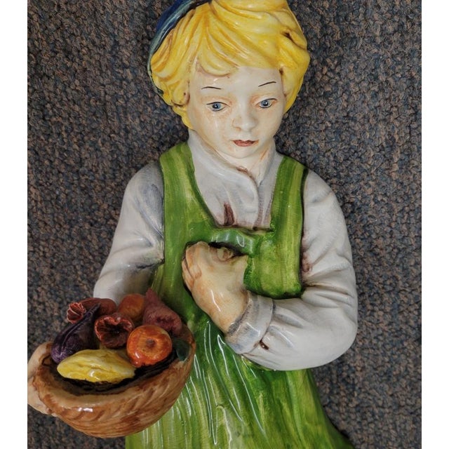 20th C Italian Majolica Ceramic Peasant Children Wall Figurines With