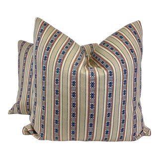 Ikat Stripe in Red/Blue/Beige 22" Pillows-A Pair For Sale